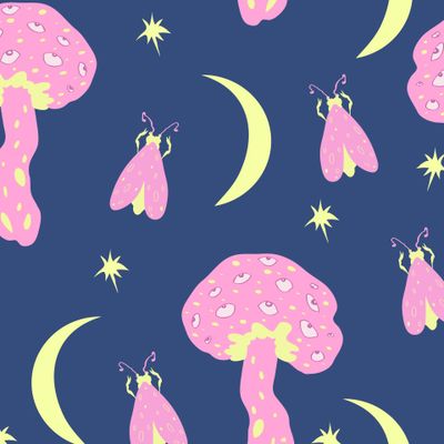 Розовые мотыльки и грибы в ночном небе. Pink moths and mushrooms in the night sky