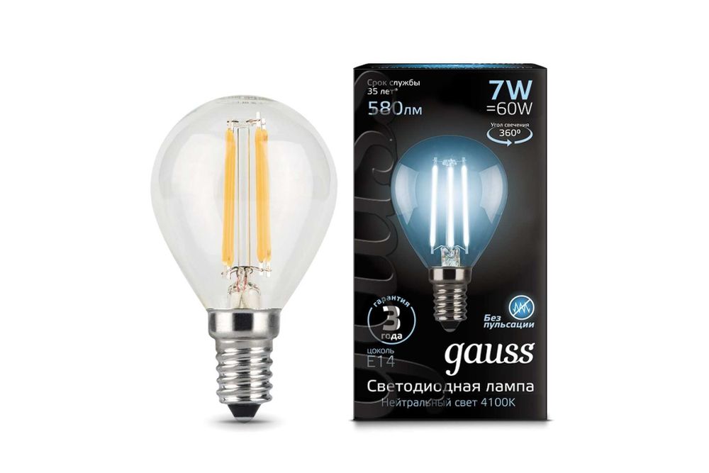 Лампа Gauss LED Filament Шар E14 7W 580lm 4100K 105801207