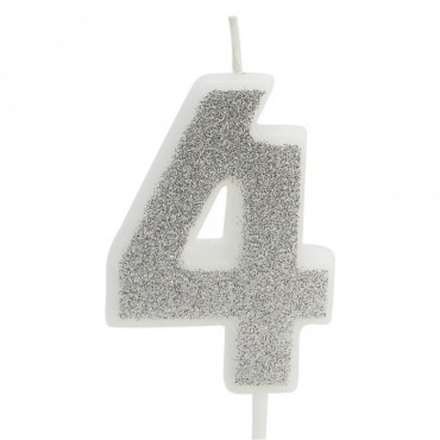 Свеча в торт цифра "4", с блестками, 3,5*5см (серебро)