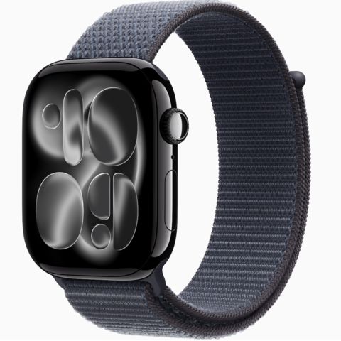 Умные часы Apple Watch Series 11 46 мм из алюминия цвета «чёрный глянец», нейлоновый браслет синего цвета