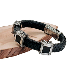 Браслет из кожи и серебра с черными агатами