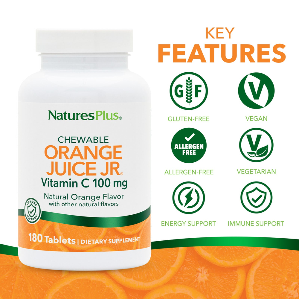NaturesPlus, Chewable Orange Juice Jr®, витамин C, натуральный апельсин, 180 таблеток