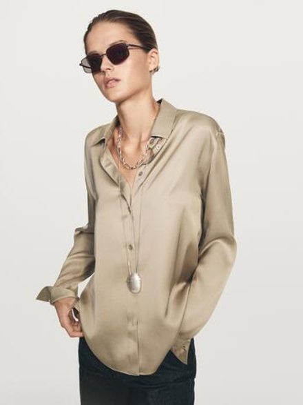 Massimo Dutti Струящаяся атласная рубашка, бежевый