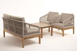 "Канны" лаунж-зона 4-местная из роупа со столиком "Канны" цвета "дуб", основание дуб, роуп бежевый