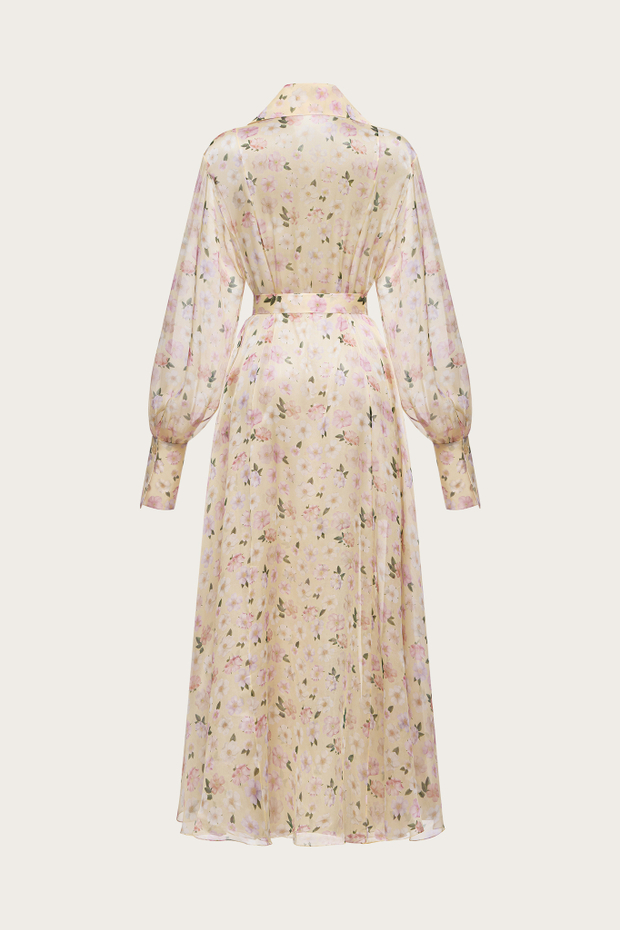 ПЛАТЬЕ-ХАЛАТ ИЗ ЖЕЛТОЙ ШЕЛКОВОЙ ОРГАНЗЫ С АВТОРСКИМ ПРИНТОМ