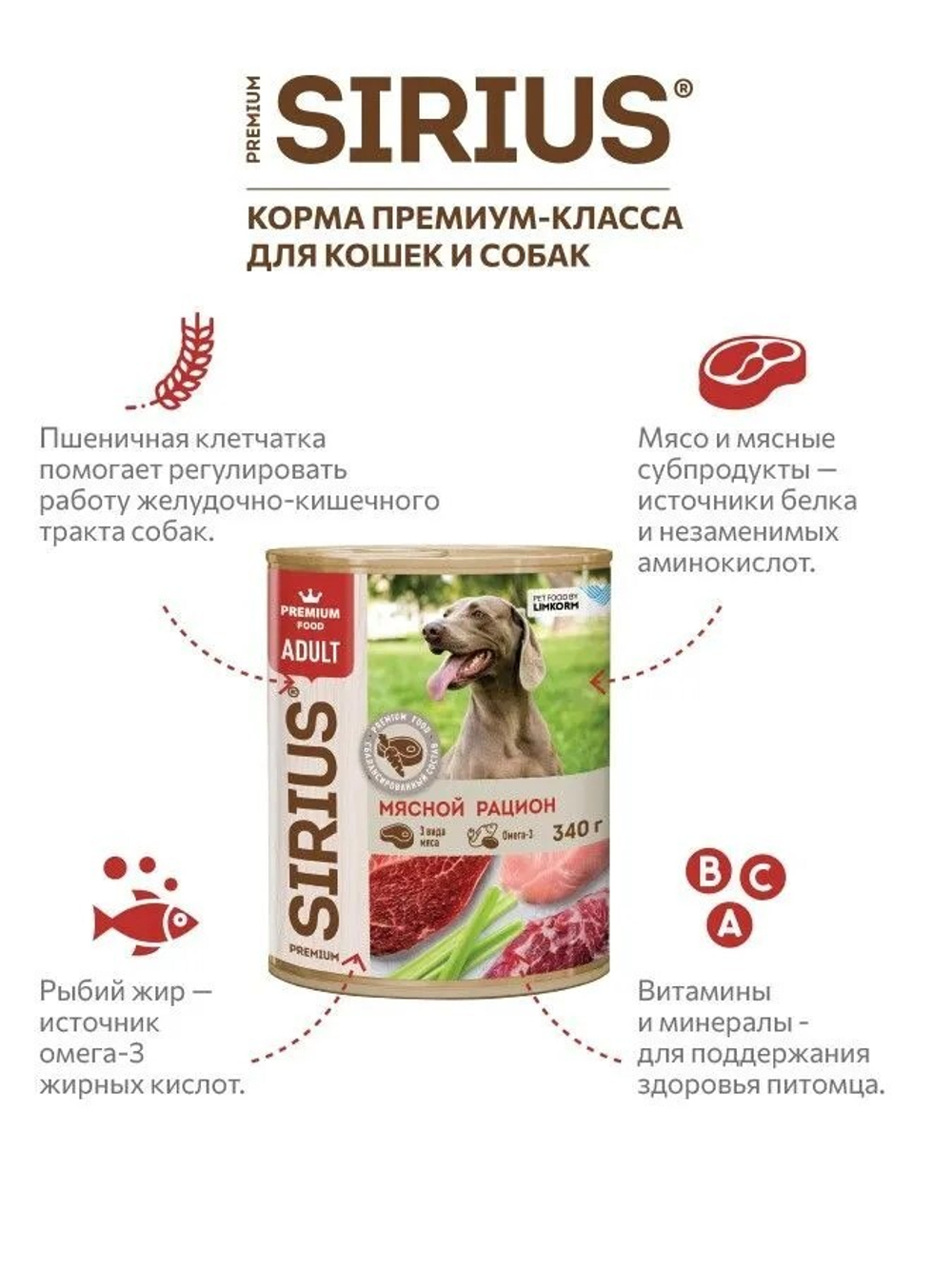 SIRIUS Консервы для взрослых собак, Мясной рацион, 850г. Сириус