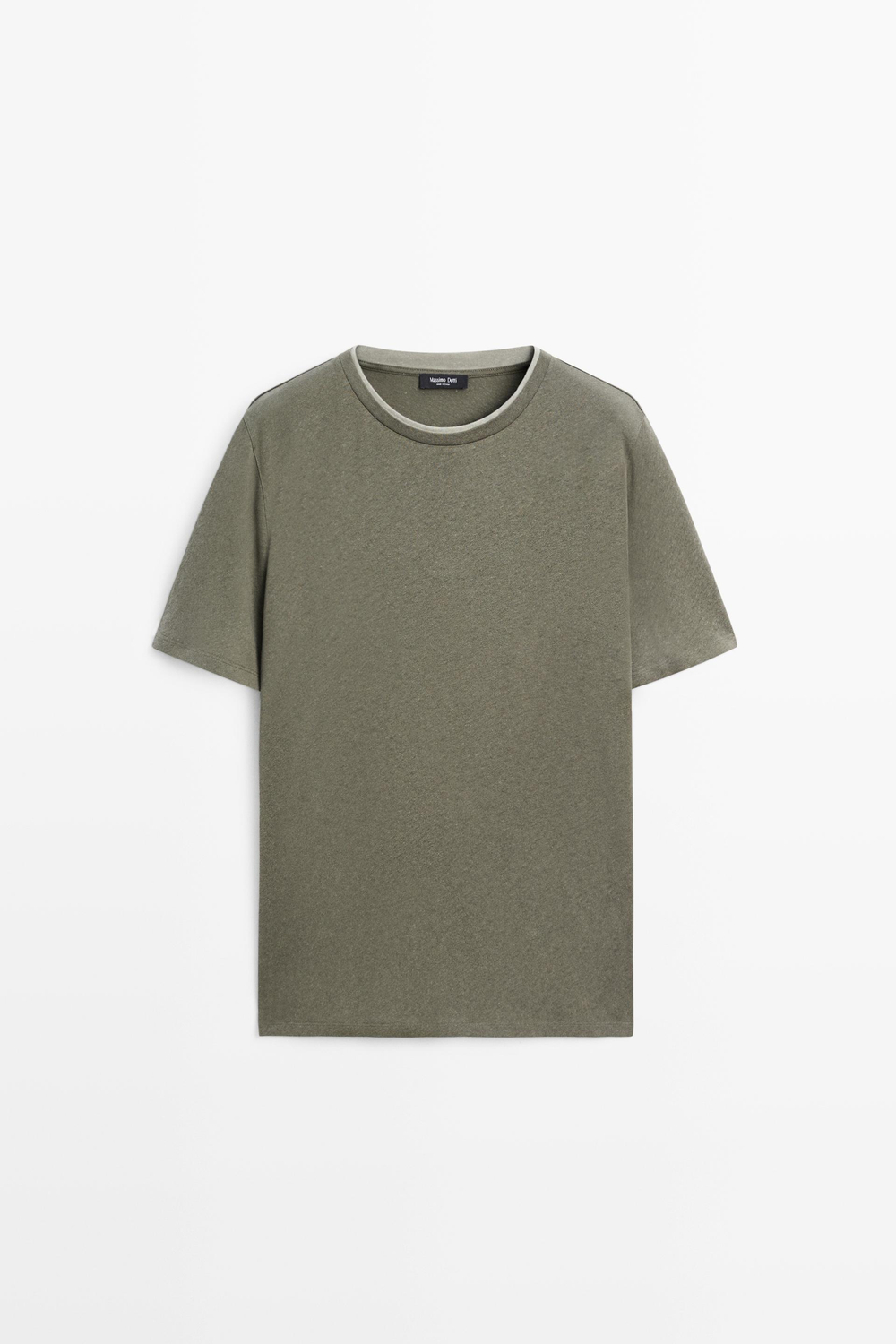 Massimo Dutti Футболка из хлопка и льна с двойным воротом, хаки