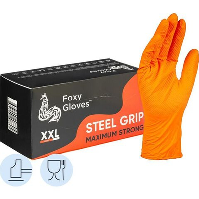 Перчатки Foxy-Gloves одноразовые Steel Grip нитриловые неопудренные особопрочные оранжевые (размер XXL, 100 штук/50 пар в упаковке)