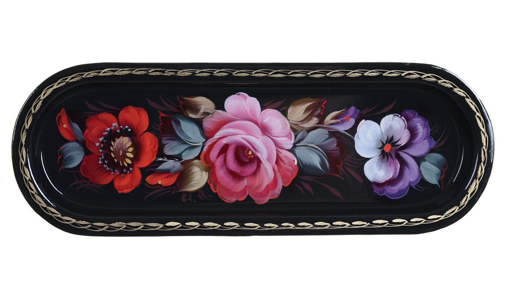 Жостовский поднос декоративный, размер 21х8 см (A4), металлический