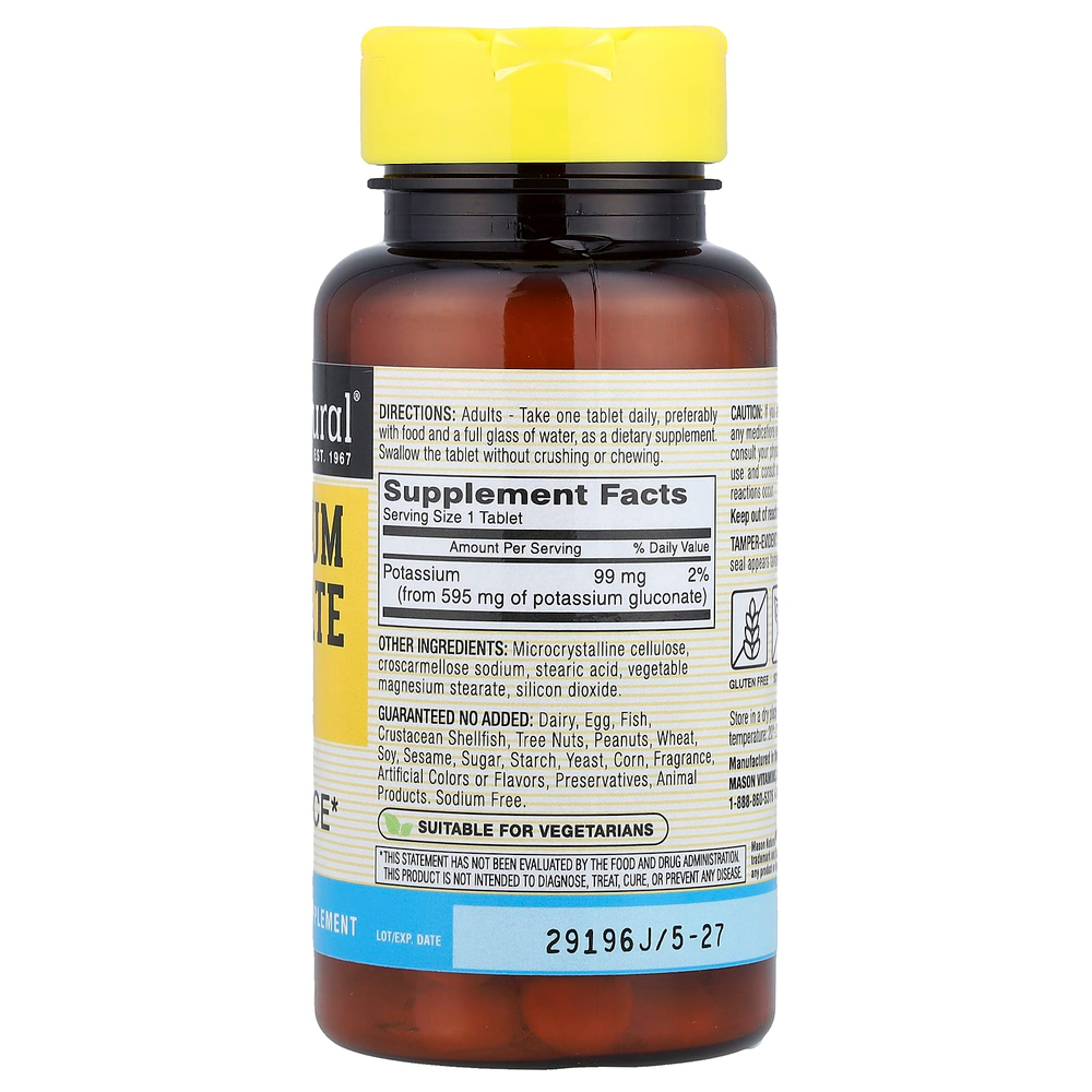 Mason Natural, глюконат калия, 595 мг, 100 таблеток