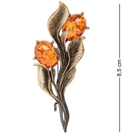 AM-2091 Брошь «Ива» (латунь, янтарь)