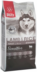 Сухой корм для собак Blitz Sensitive ADULT LAMB & RICE ALL BREEDS для взрослых собак всех пород, ягненок и рис, 15 кг