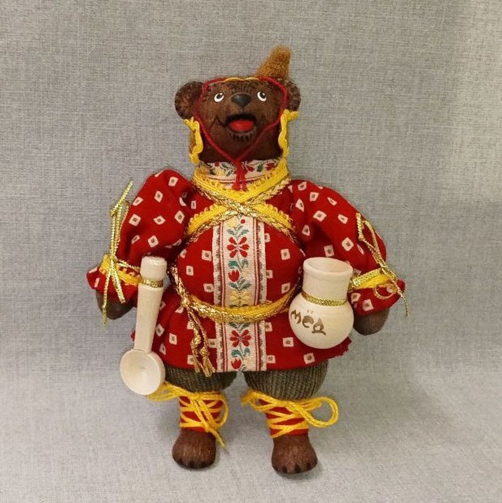 Ёлочная игрушка Медведь в колпаке с крынкой мёда и ложкой