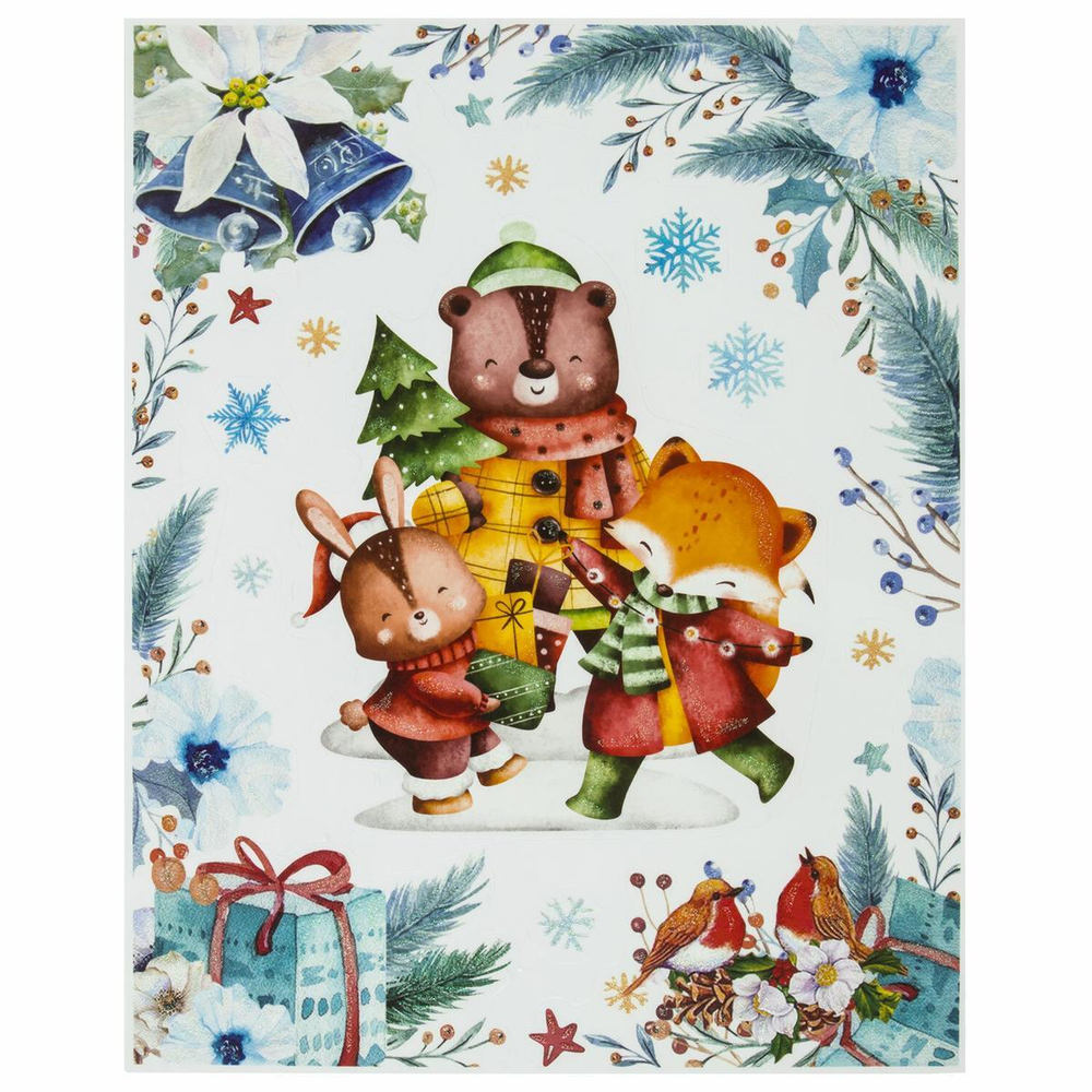 Наклейка для окон 30*38 см. двусторонняя, многоразовая "Весёлые зверята" (Золотая сказка)