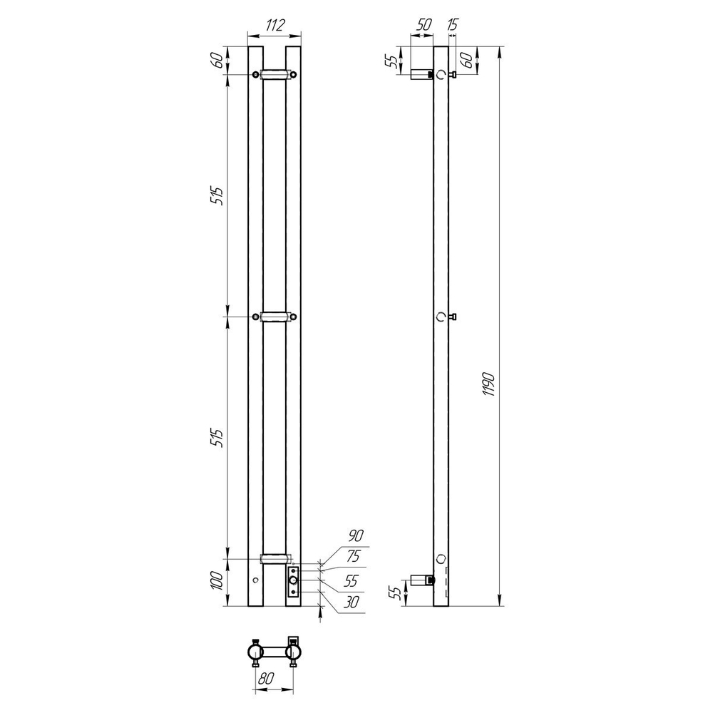 Полотенцесушитель электрический Point Деметра PN12812B П3 80x1200 диммер справа, черный