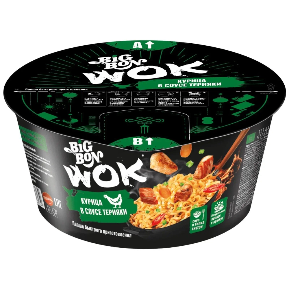 Лапша Big Bon Wok с курицей и соусом терияки быстрого приготовления 85 г