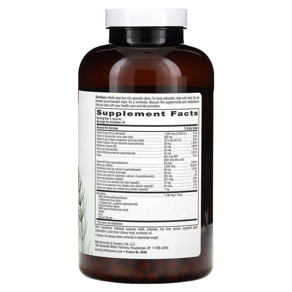 Country Life, Maxi-Hair Plus, добавка для волос, ногтей и кожи, 360 вегетарианских капсул