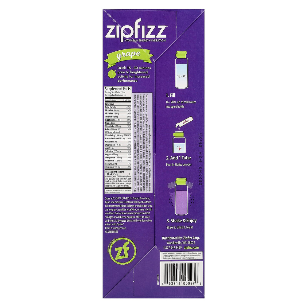 Zipfizz, Смесь для энергетических напитков, виноград, 20 тюбиков, 11 г (0,39 унции)