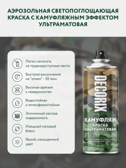 Краска зеленая камуфляжная аэрозольная матовая DECORIX - светопоглощающая краска Зеленый камуфляж в баллончике 520 мл
