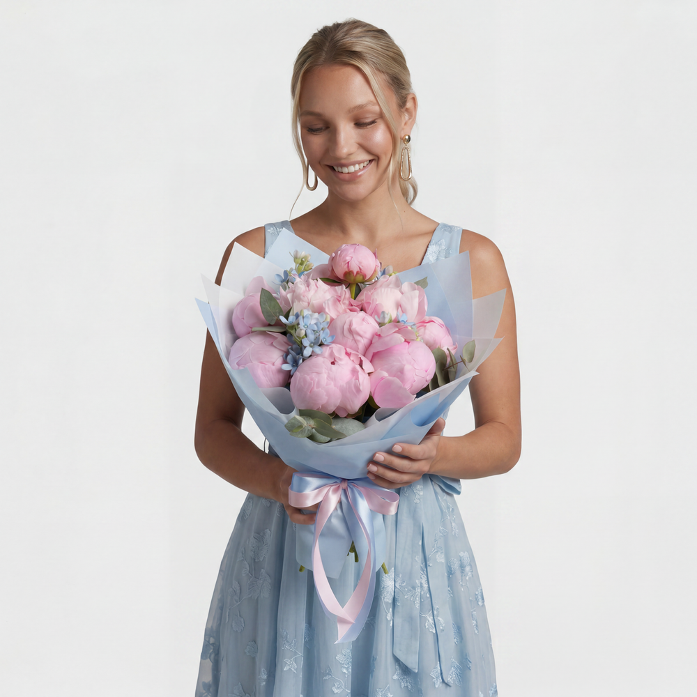Букет розовых пионов с незабудками