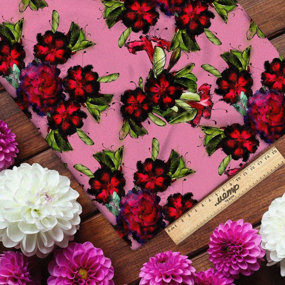 Ткань оксфорд 600 чёрно-красные живописные цветы