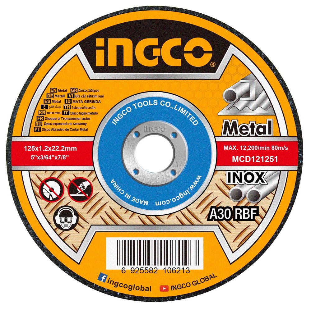 Круг отрезной 125х1.2х22 A 30 RBF Metal/Inox 10 шт. в метал. боксе INGCO MCD121255