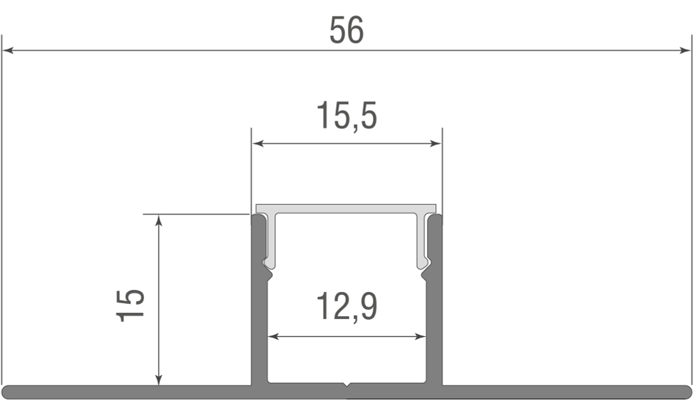 Встраиваемый алюминиевый анод. профиль под ГКЛ 12, 5мм,  55х14, 5х2000мм. В комплекте матовый экран,  4 торцевые заглушки,  алюминий