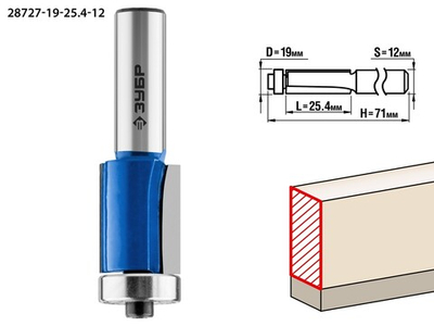 ЗУБР 19 x 25.4 мм, хвостовик 12 мм, фреза кромочная с нижним подшипником, Профессионал (28727-19-25.4-12)