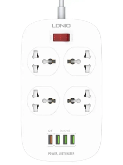 LDNIO cетевой фильтр с умной зарядкой, модель SC4407Q, 2 метра, 4 USB, тройник разветвитель с заземлением и выключателем, белый