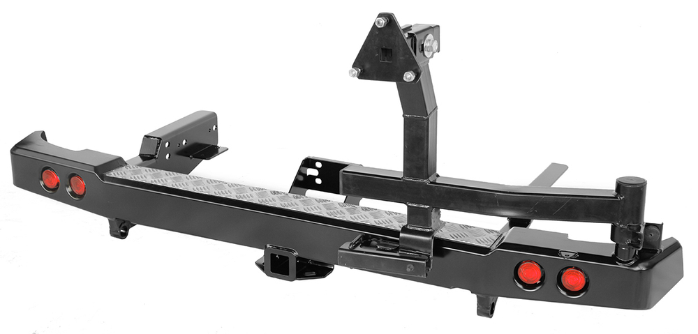 Бампер силовой задний УАЗ Патриот Пикап 2005+ с квадратом под фаркоп, калиткой, фонарями, подсветкой номера стандарт РИФ