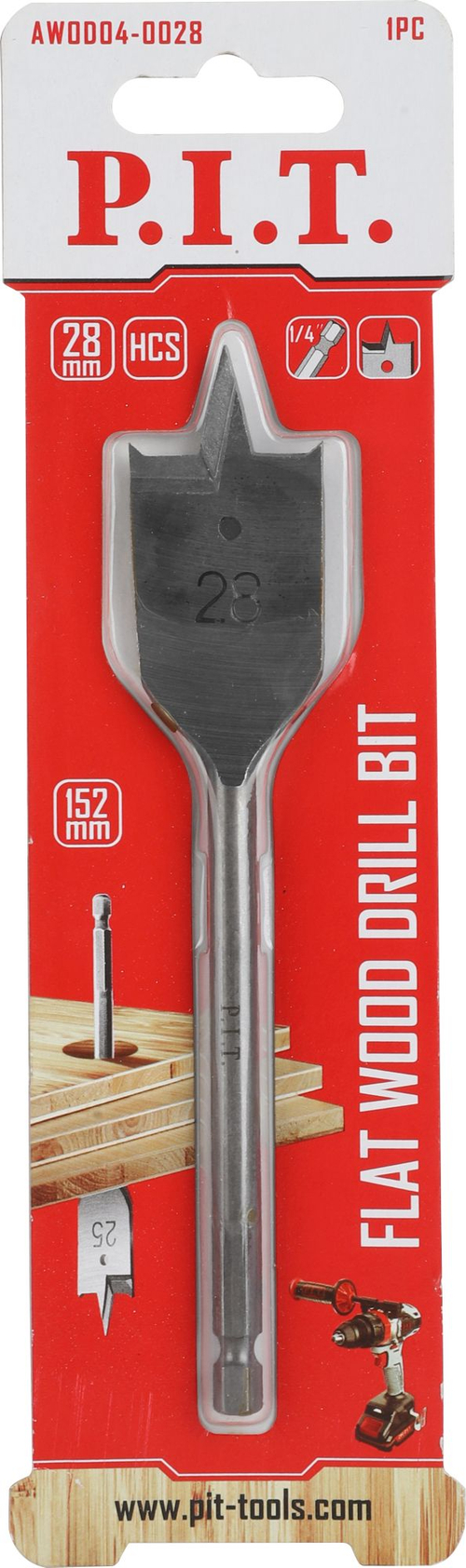 Сверло по деревуперовое P.I.T. 28x152мм,хвостовик HEX1/4"/6,35мм(AWOD04-0028)