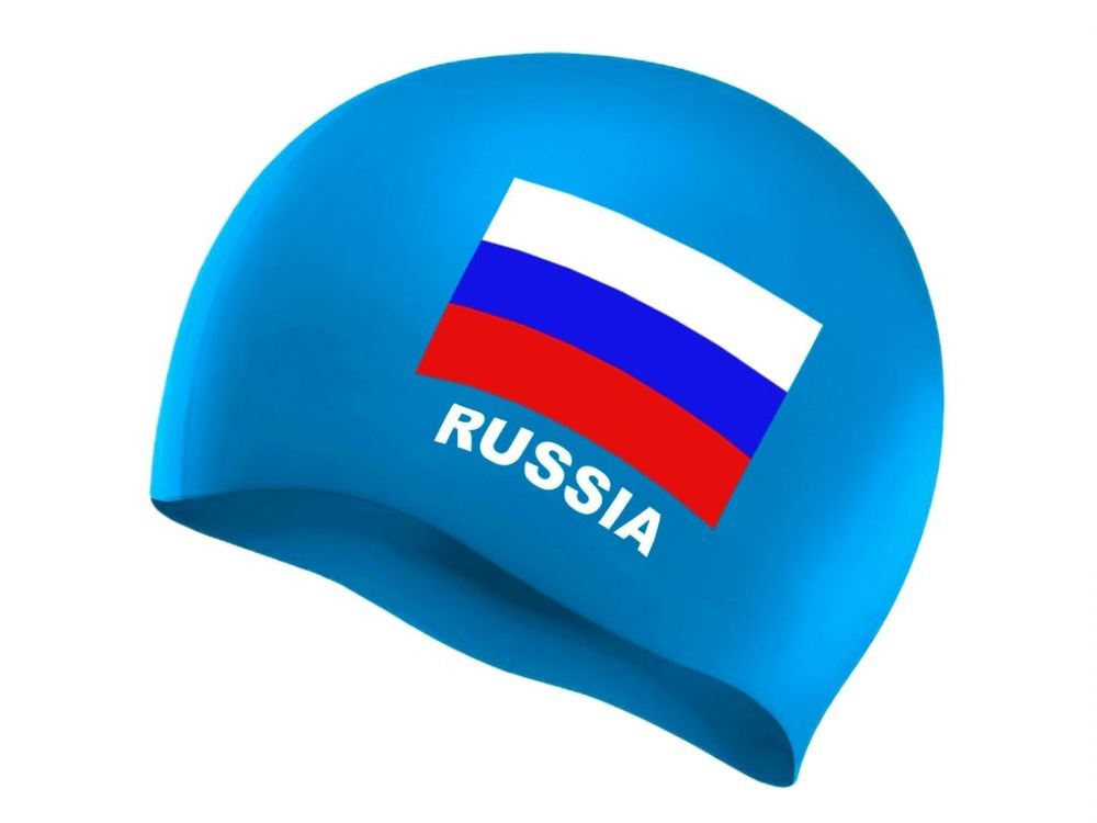 Шапочка для плавания SPRINTER. Классический дизайн с изображением флага России.  (Голубой)