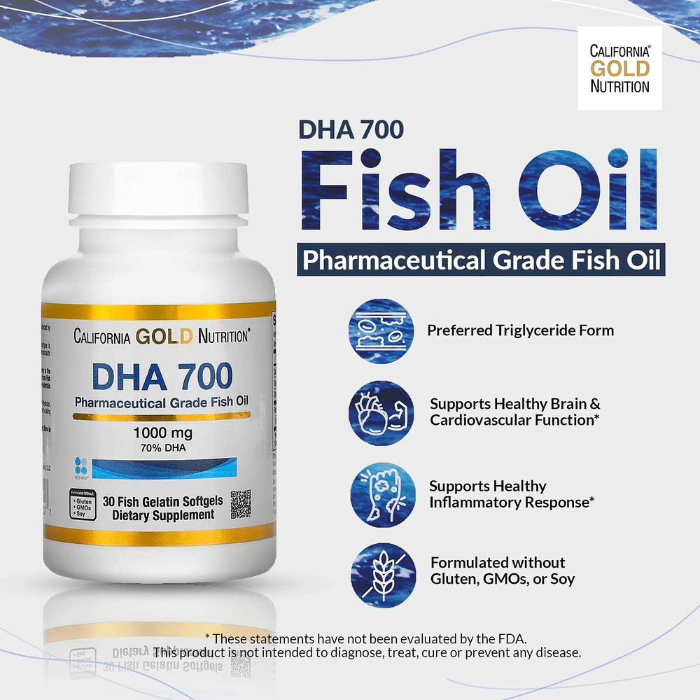 California Gold Nutrition, DHA 700, рыбий жир, ультраконцентрированный, 1000 мг, 30 капсул из рыбьего желатина
