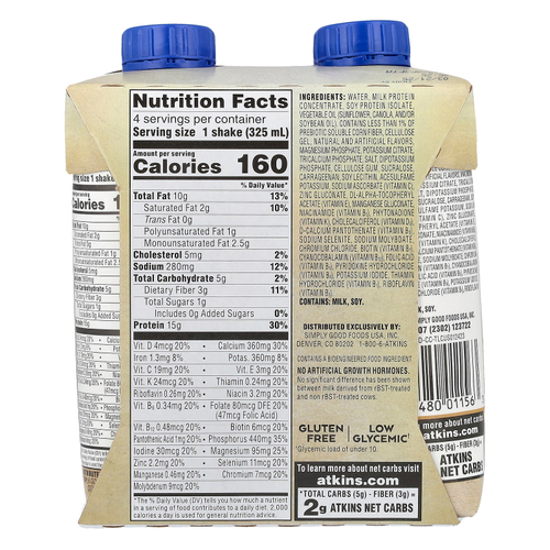 Atkins, Насыщенный протеином коктейль, сливочная карамель, 4 коктейля, 325 мл (11 жидк. унц.)