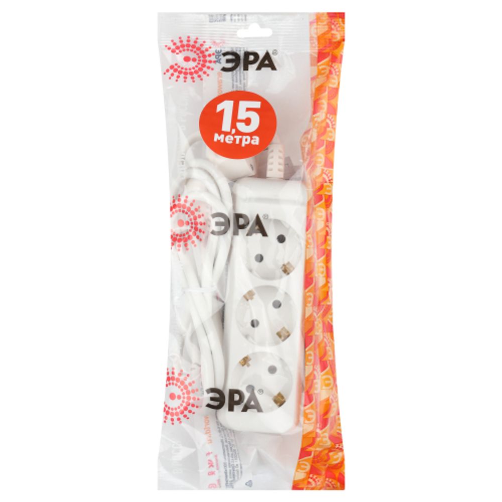 Удлинитель электрический ЭРА UX-3e-1,5m с заземлением 3 розетки 1,5 м ПВС 3x0,75мм2 10А | Бытовые удлинители