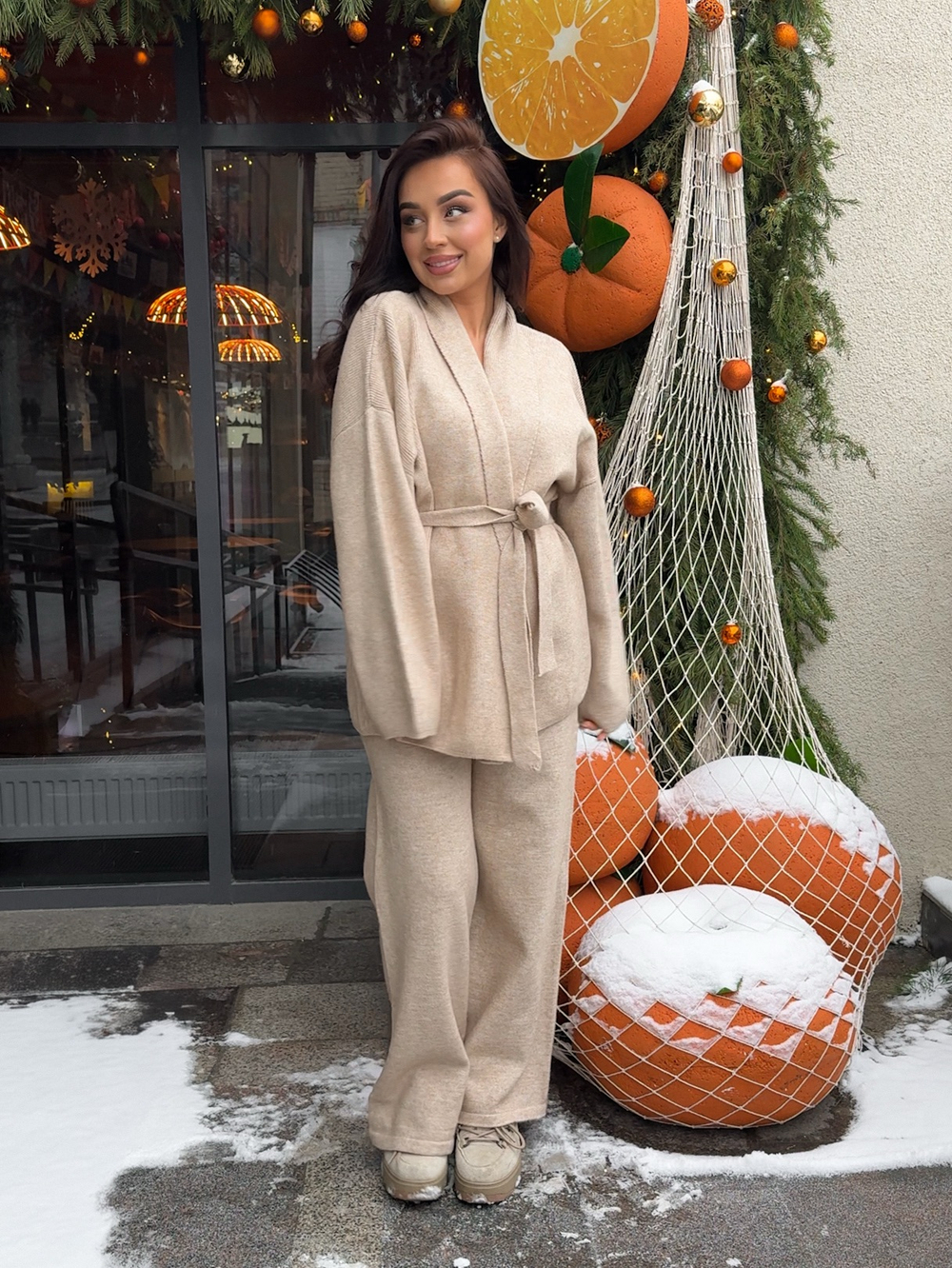 Комплект вязаный, кардиган с поясом и брюки