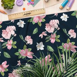 Ткань бифлекс нежно розовые и белые цветы