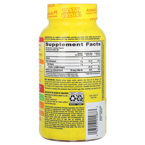 L'il Critters, витамин D3, малина, персик и ежевика, 190 жевательных таблеток (25 мкг (1000 МЕ) в 1 жевательной таблетке)