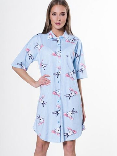 Трикотажное платье-рубашка на пуговицах (Размер: M) (Цвет: голубой)