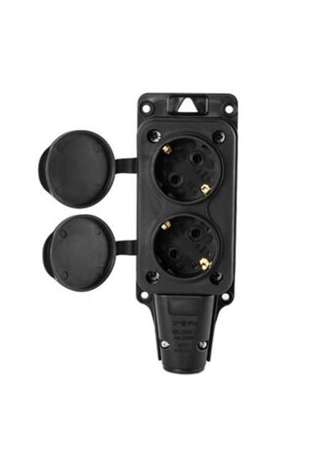 Розетка (колодка) двухместная DYNEL с крышками с/з каучук 2P+PE 230V 16А IP54 Черная (1/96)