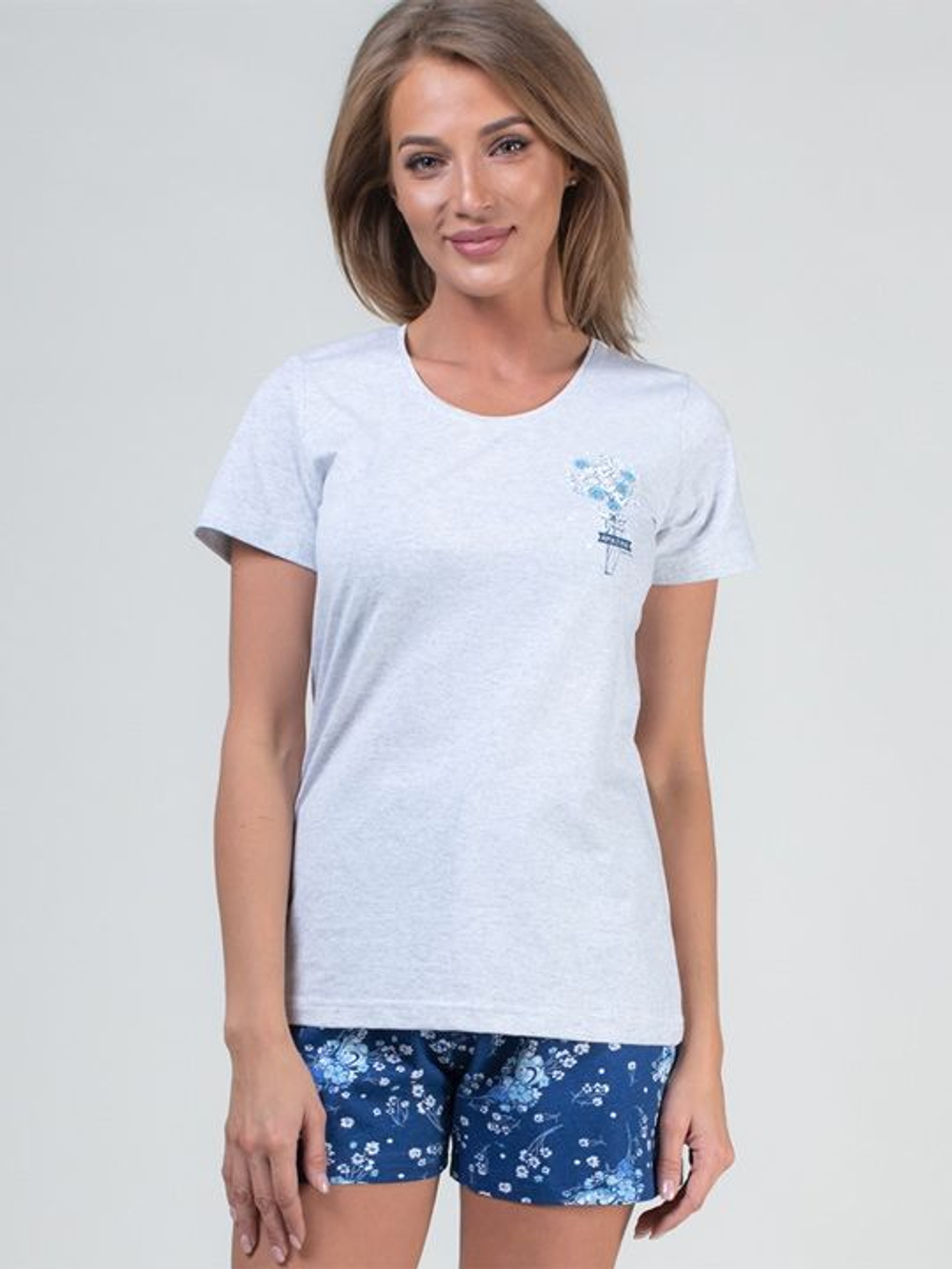 Уютный домашний комплект из хлопковой ткани (Размер: S) (Цвет: серый с синим)