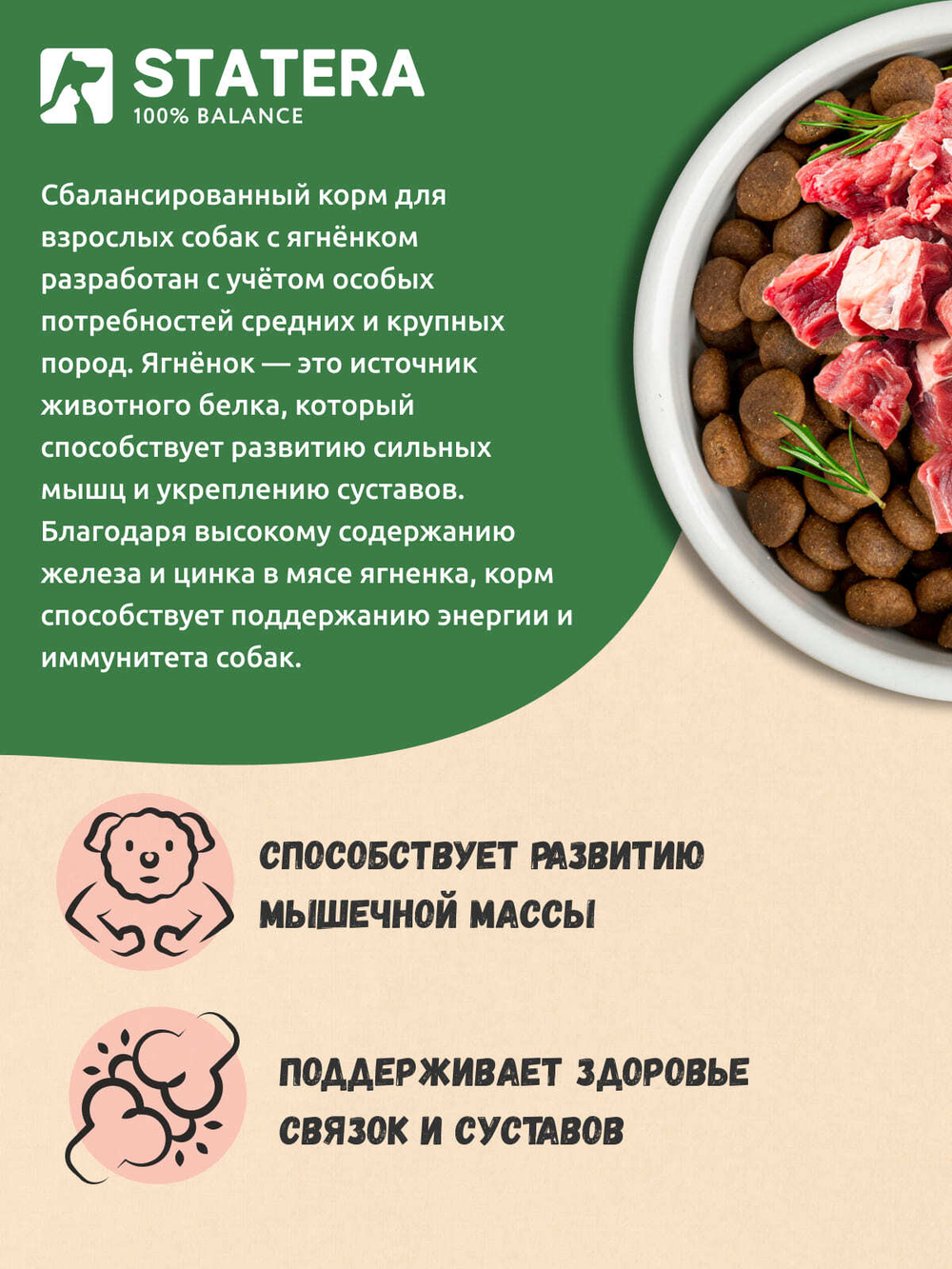 STATERA (Статера) Сухой корм для для взрослых собак средних и крупных пород с ягненком, 15 кг