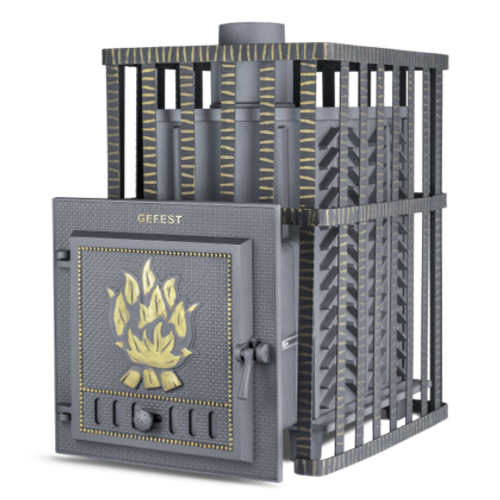 Печь для бани Гефест ЗК в сетке-30 чугунная дверца закрытая сетка-каменка
