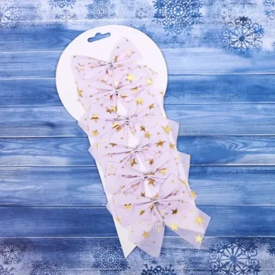 Бант на ёлку «Звездопад» 8,5*9 см (набор 6 шт), Белый/золото