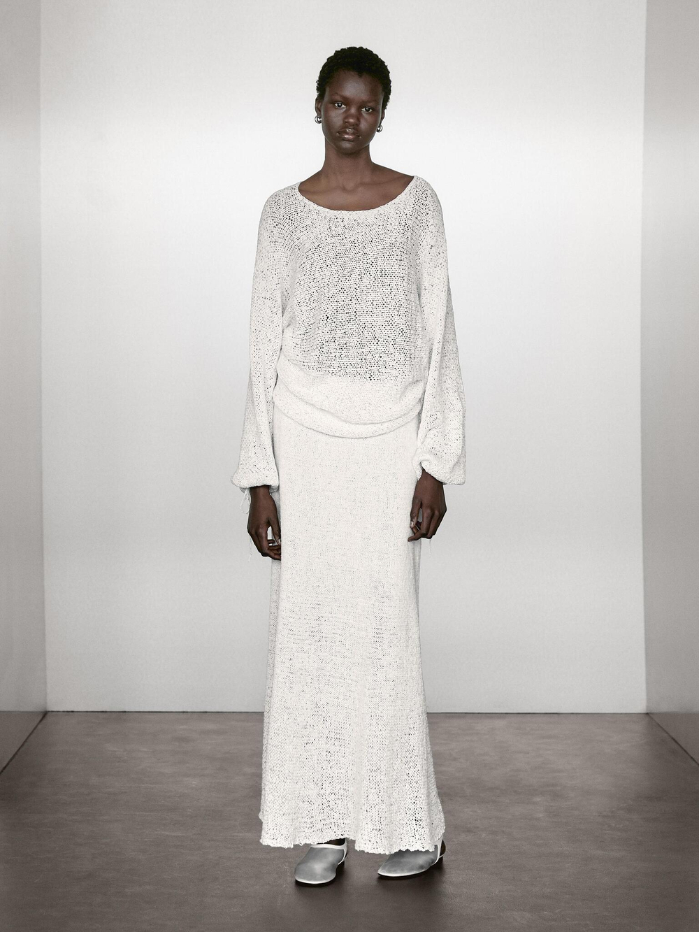 Massimo Dutti Юбка миди из хлопковой смеси, белый