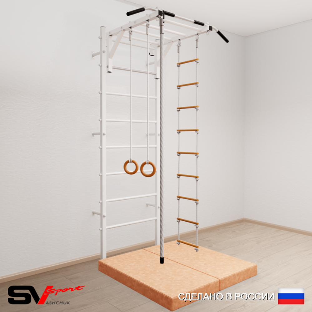 Шведская стенка Sv Sport усиленная 6214 (Турник рукоход/Канат/Кольца/Лестница/Мат 1м)