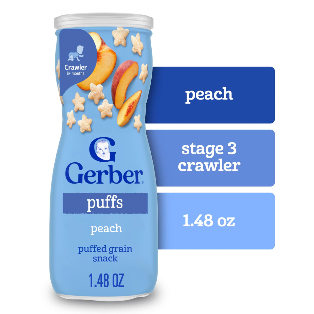 Gerber, Puffs, злаковые подушечки, для малышей от 8 месяцев, вкус персика, 42 г (1,48 унции)