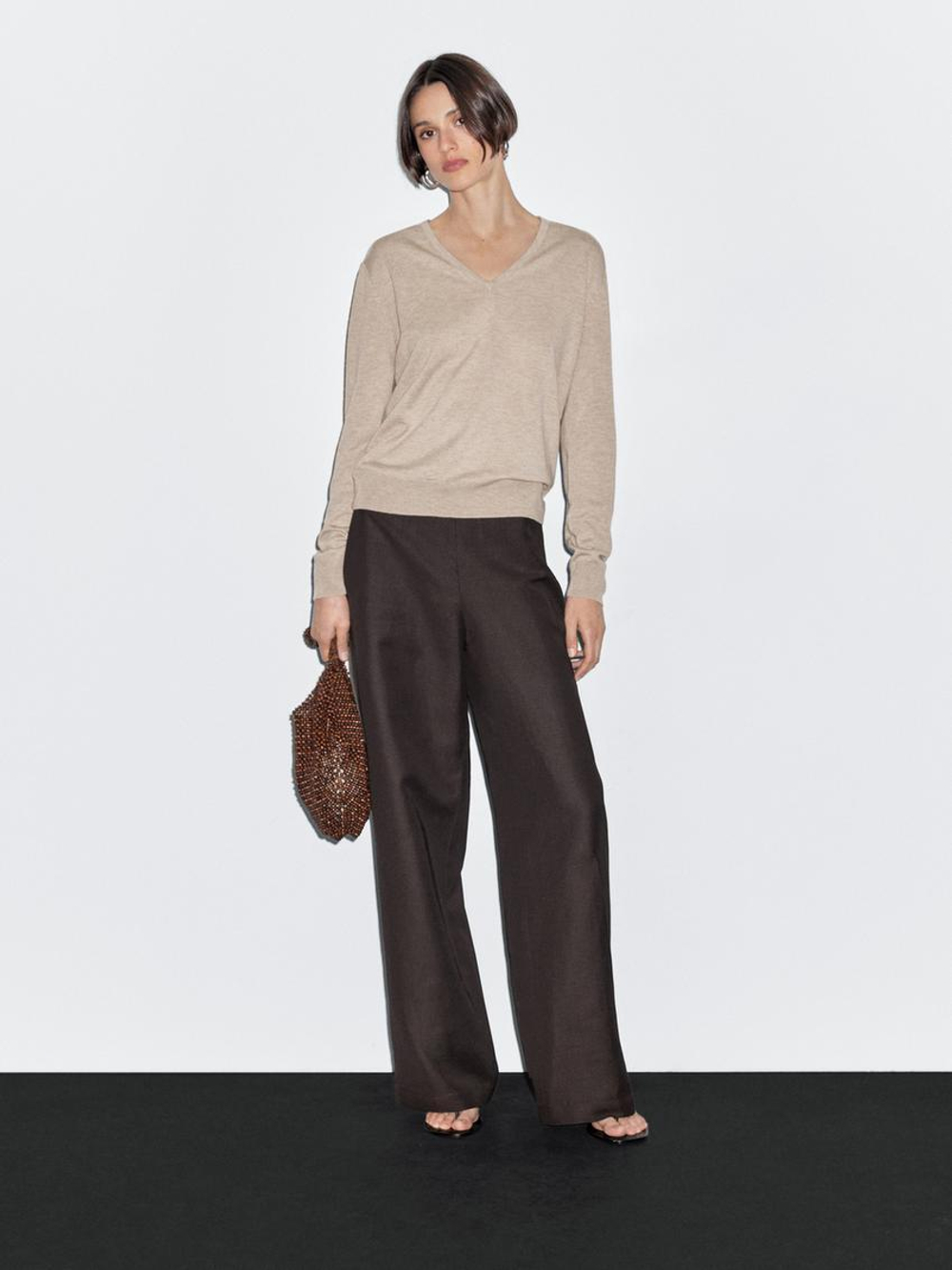 Massimo Dutti Свитер из смесовой шерсти с V-образным вырезом, норка