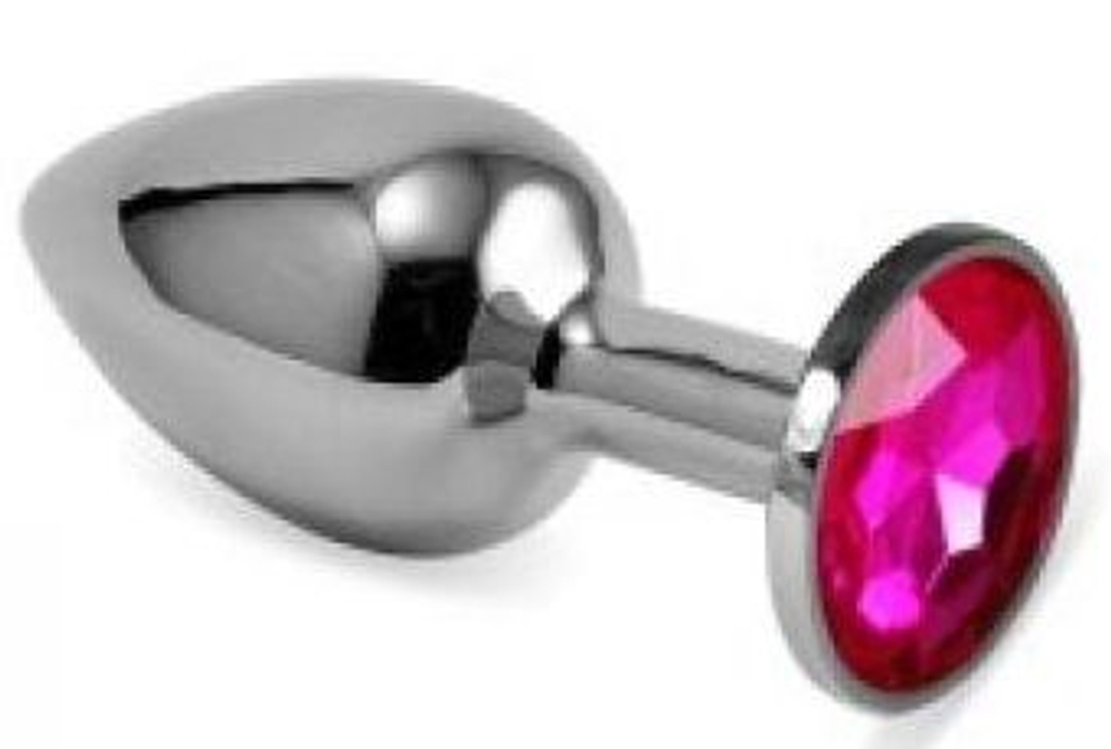 Серебристая гладкая анальная пробка с розовым кристаллом - 9,5 см. (Цвет: розовый)