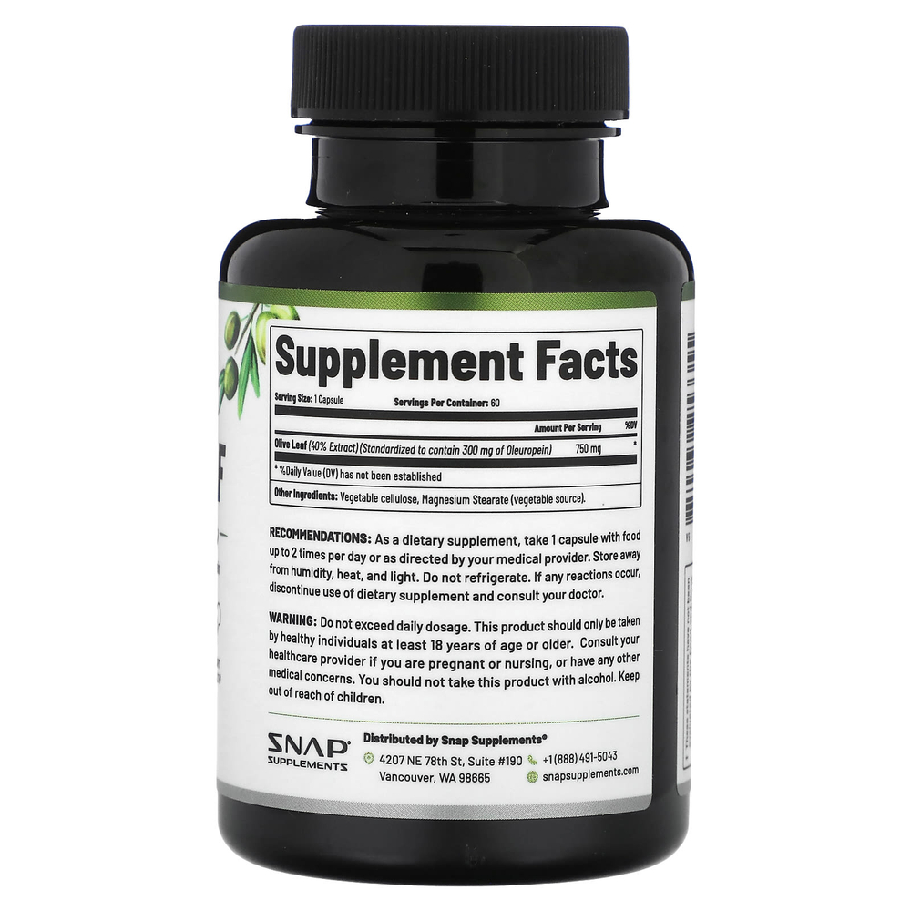 Snap Supplements, Листья оливкового дерева, максимальная эффективность, 750 мг, 60 капсул